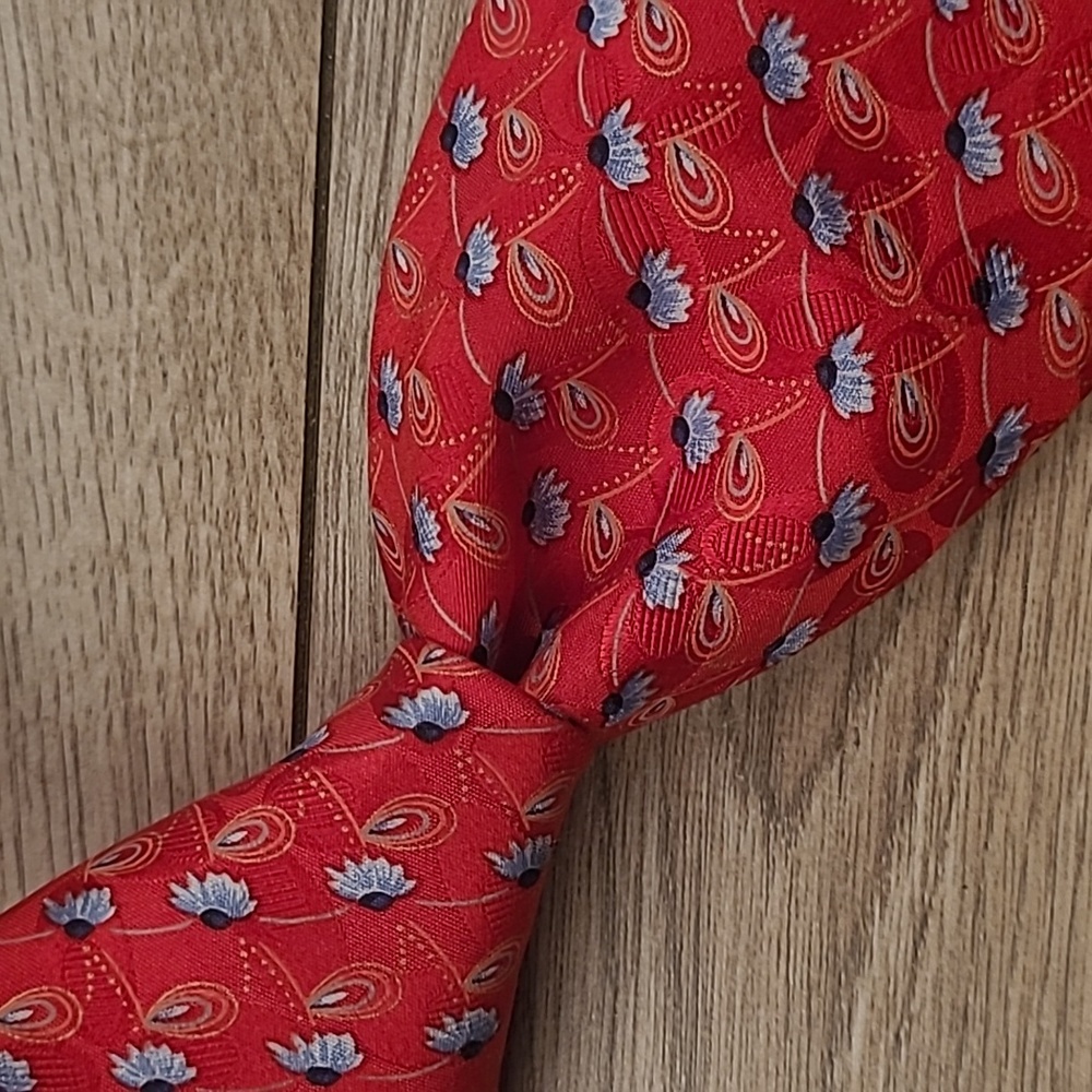ERMENEGILDO ZEGNA Italy Metallic Red Silver Blue Floral Mens Silk Tie
